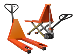 Two essential warehouse tools: an orange hand pallet truck and a scissor lift pallet jack, rendered in stunning high definition on a PNG Transparent HD Background. Isolated high-resolution industrial