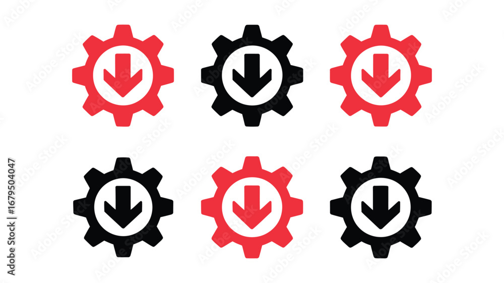 Poster vector art of collection of download icons with gear and arrow symbols in red and black, for web and