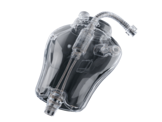 Transparent 3D model of a heart-shaped medical device, highlighting internal components