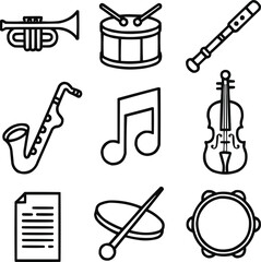 Musical Instrument Outline Icons Set  Trumpet, Drum, Flute, and Classical Music Elements