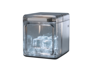 Transparent cube-shaped ice maker filled with ice cubes
