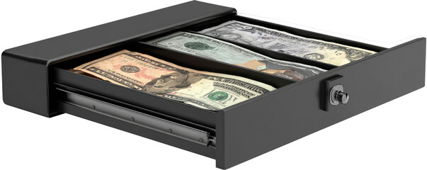 Gray metal cash drawer with US currency