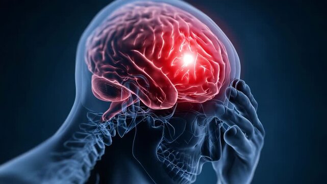 Human brain with highlighted red area medical illustration of headache stroke neurological disease migraine concept of healthcare anatomy and brain disorder