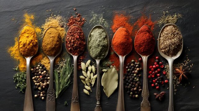Colorful assortment of spices and herbs in metal spoons on dark background concept of cooking seasoning flavor culinary ingredients organic food and exotic cuisine