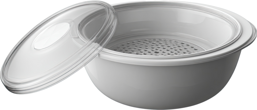 Light gray plastic bowl with a clear lid and perforated insert