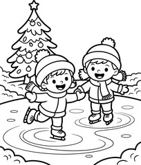 Two kids ice skating near christmas tree in winter coloring page