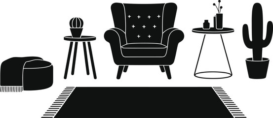 Stylish black and white living room furniture arrangement with cactus and rug