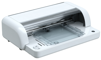 White, rectangular, electronic craft cutting machine with clear acrylic cutting surface.  Features a sliding cutting arm, control panel, and a protective cover