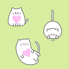 Fat cute white cat in various poses set. Sitting, lying, hunting for a mouse. Funny kitten character with pink heart clip art. Vector illustration.