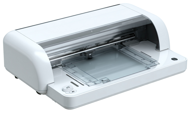 White, rectangular, electronic craft cutting machine with clear acrylic cutting surface.  Features a sliding cutting arm, control panel, and a protective cover