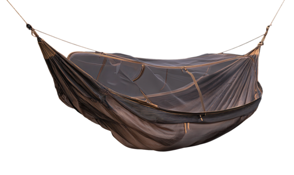 Hanging,  dark-brown hammock with mesh screen