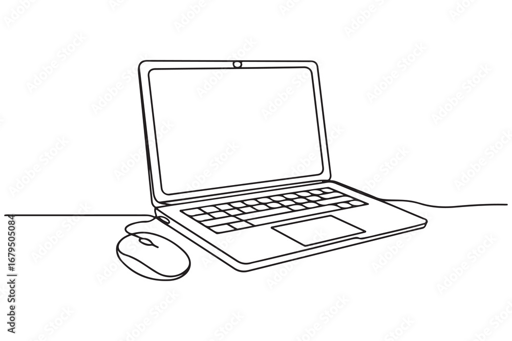 Poster continuous line art of laptop computer simple single line outline vector drawing for digital concept