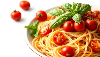 Delicious spaghetti pasta with fresh cherry tomatoes and basil italian food dish