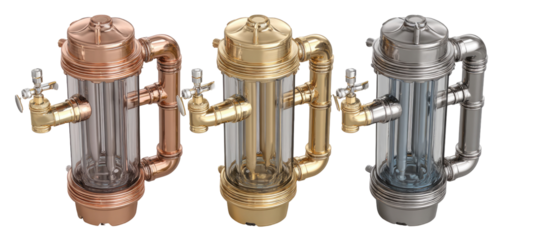 Three steampunk-style, cylindrical water heaters/containers in copper, brass, and pewter/silver finishes