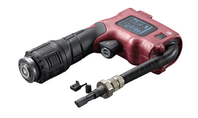 Compact, cordless power tool with digital display and hose attachment.  Features a dark-red housing, black textured grip sections, and a hose connected to a metallic fitting.
