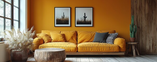 Cozy living room with mustard yellow sofa and cactus decor