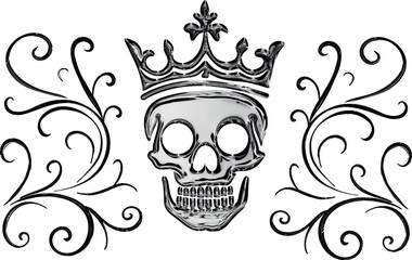 Gothic skull with a regal crown in polished silver, decorated with elegant baroque flourishes for a dark luxury aesthetic.
