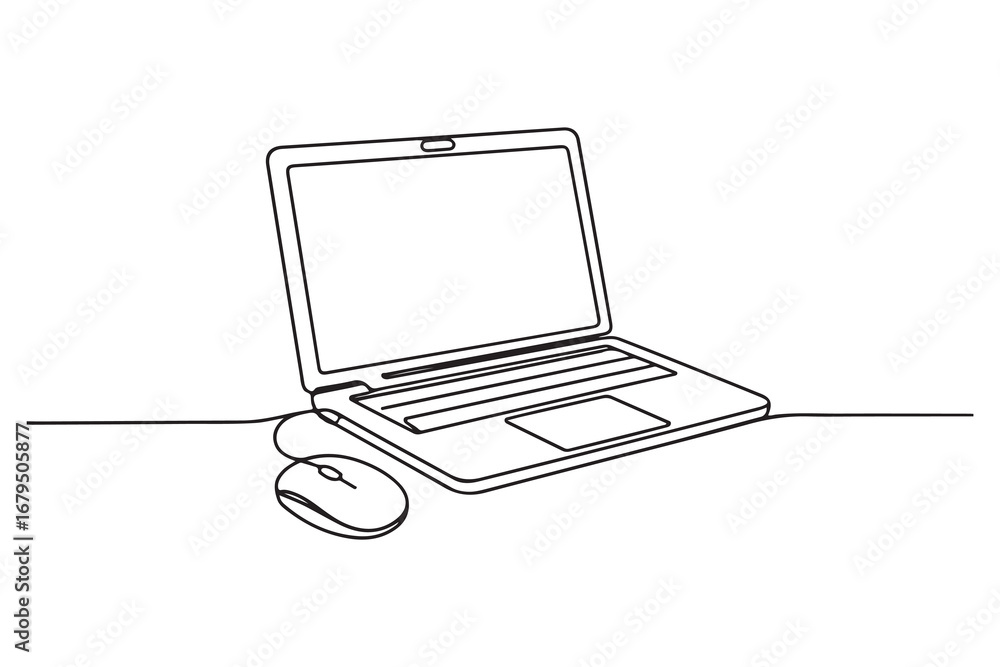 Poster continuous line art of laptop computer simple single line outline vector drawing for digital concept