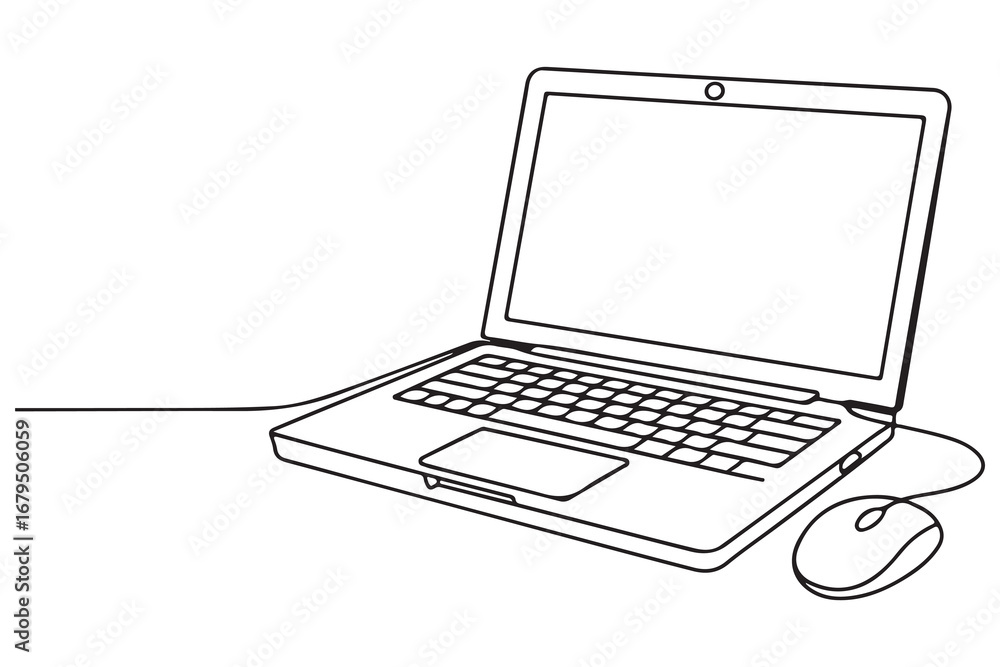 Fototapete continuous line art of laptop computer simple single line outline vector drawing for digital concept