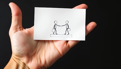 Hand holding business card with handshake drawing for business deal concept