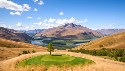 Golf course landscape scenic view of mountains river and blue sky photography