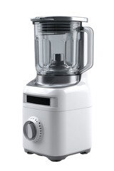 White modern blender with glass jar.  Compact,  functional kitchen appliance.  Control knob and digital display