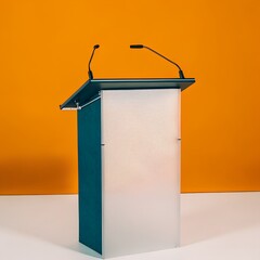 Modern Podium with Dual Microphones Against a Bright Orange Background