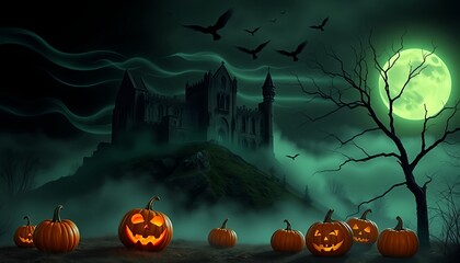 Halloween night spooky castle pumpkins full moon dark scene halloween concept