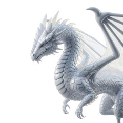 Obraz premium Ancient, iridescent pearlescent white dragon, ceramic plates, crystalline wings, hovering transparent background with volumetric studio light, mythical wisdom and spiritual guidance concept
