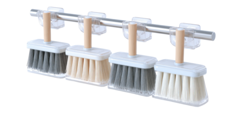 Four wall-mounted cleaning brushes in assorted colors, attached to a suction cup bar