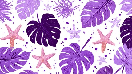 Floral pattern with violet leaves and pink starfish on white background, scattered