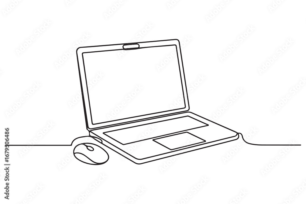 Poster continuous line art of laptop computer simple single line outline vector drawing for digital concept