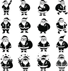 Silhouette set of cartoon Santa Claus characters with gift bags, Christmas costume, festive poses, holiday icon collection, winter celebration theme.