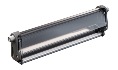 Rectangular,  dark gray enclosure with clear window.  Metal components.  Industrial look.  Sealed design