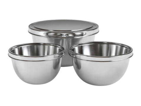 Three stainless steel mixing bowls with lids