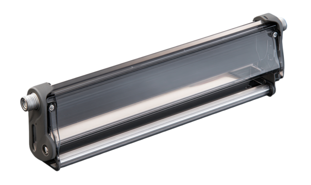 Rectangular,  dark gray enclosure with clear window.  Metal components.  Industrial look.  Sealed design