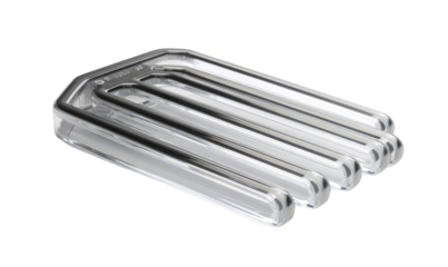 Clear, rectangular device with multiple, curved tubes