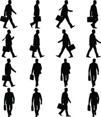 Black silhouette men walking with briefcases, business posture variations, professional male figures, corporate attire, walking poses, office worker illustration, vector design
