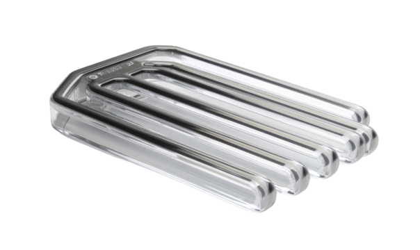 Clear, rectangular device with multiple, curved tubes