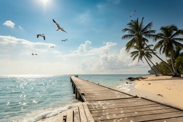 Tropical paradise pier with palm trees and flying birds