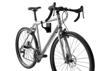 Full shot of a light gray bicycle.  Modern, road bike style with wide tires