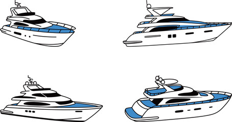 Set of four different detailed line illustrations of luxury motor yachts with blue accents, with various designs and angles