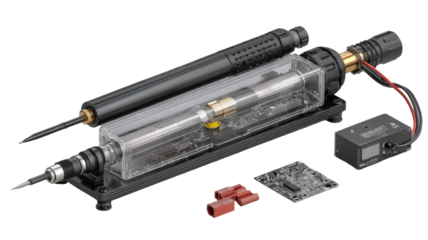 Precision soldering station with transparent components, featuring multiple tips and accessories