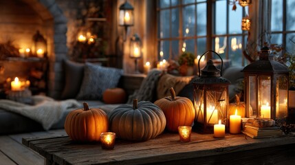 Obraz premium Halloween photoshoot close up with pumpkins and burning candles and lambada