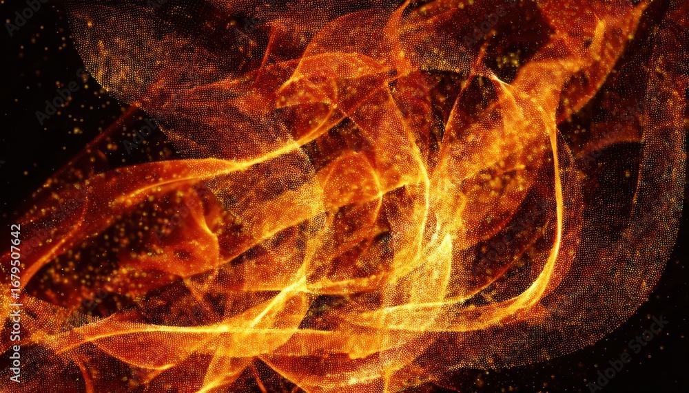 Poster glowing golden light waves swirling in fiery abstract motion with sparkling particle background for 