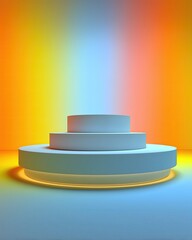 Minimalist podium design in soft white and pastel tones with ample negative space