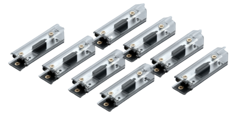 Multiple light gray metal strips with dark gray components.  Each strip features a rectangular shape and multiple fastening points, likely for electrical connections.