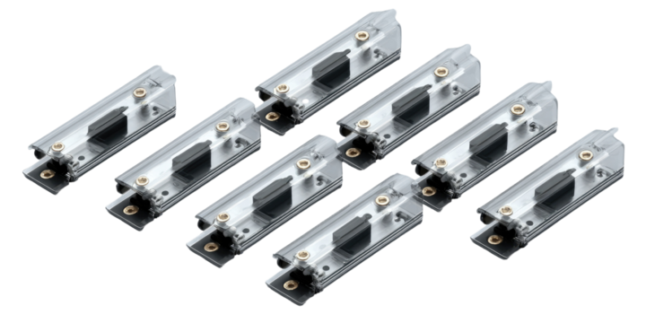 Multiple light gray metal strips with dark gray components.  Each strip features a rectangular shape and multiple fastening points, likely for electrical connections.