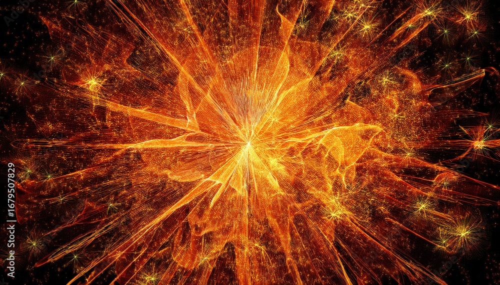 Poster radiant golden light explosion with glowing particle burst abstract energy background perfect for di