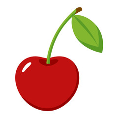 Red cherry fruit illustration with green leaf, Vector illustration of a ripe red cherry with stem and leaf, symbolizing summer fruit, sweetness, healthy food, and natural freshness.